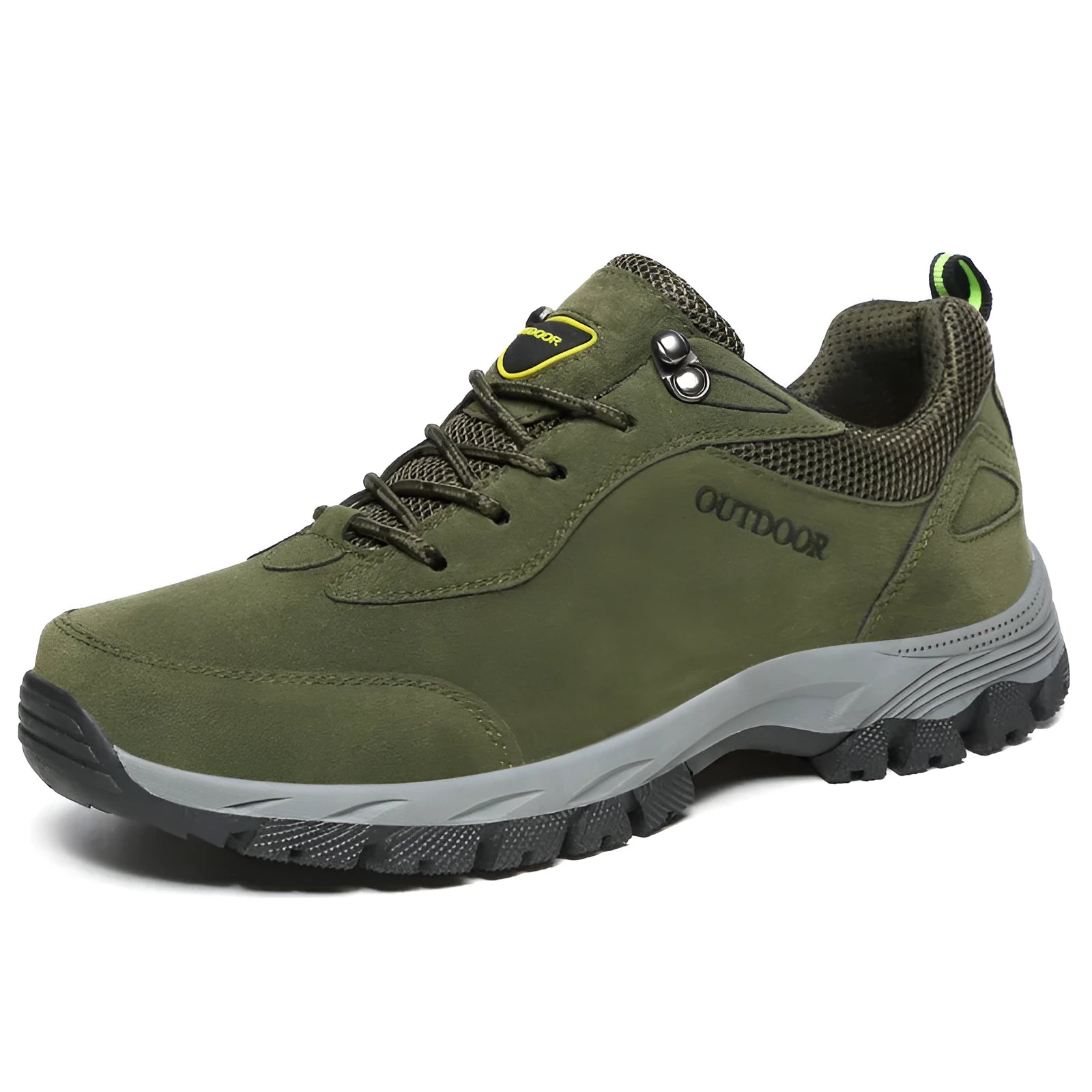 Men's low-top hiking shoes in army green with mesh lining, shown from the side.