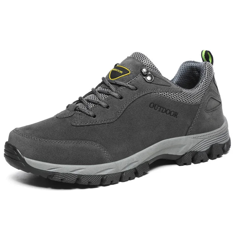 Men's low-top hiking shoes in army green with mesh lining, shown from the side.
