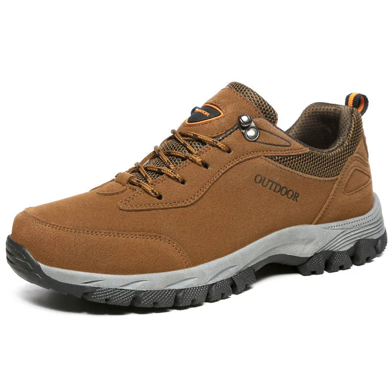 Men's low-top hiking shoes in army green with mesh lining, shown from the side.