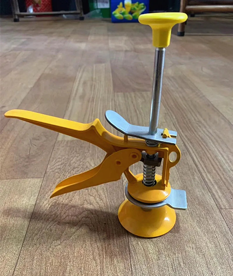 Adjustable height tile raising positioner tool made of metal alloy for tiling projects.