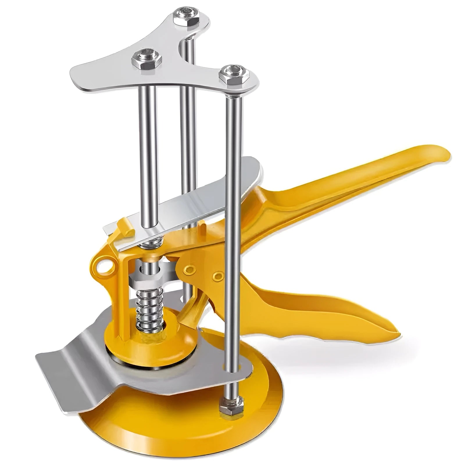 Adjustable height tile raising positioner tool made of metal alloy for tiling projects.
