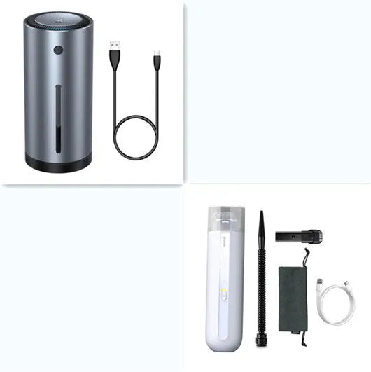 BASEUS wireless handheld car vacuum cleaner in black, white, or green with suction and blowing hose.
