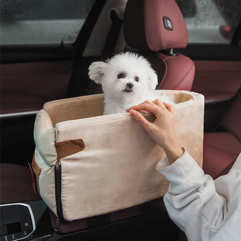 Car safety cat dog bed with adjustable pillow, safety hook, and elastic bands in beige cloth on car seat