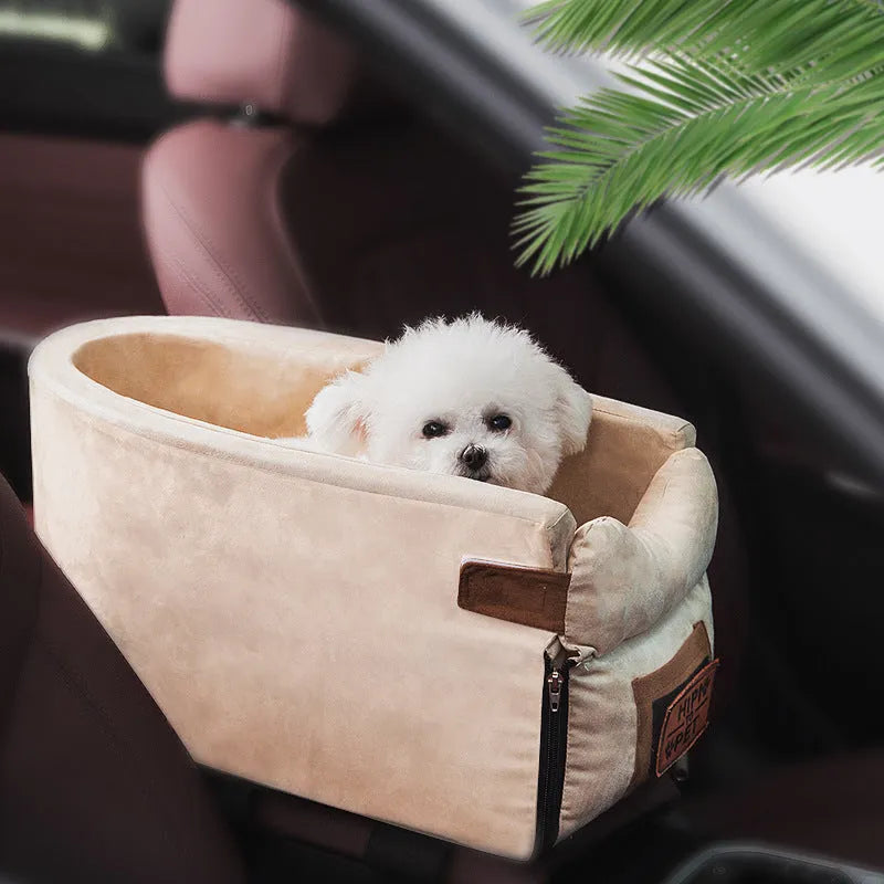 Car safety cat dog bed with adjustable pillow, safety hook, and elastic bands in beige cloth on car seat