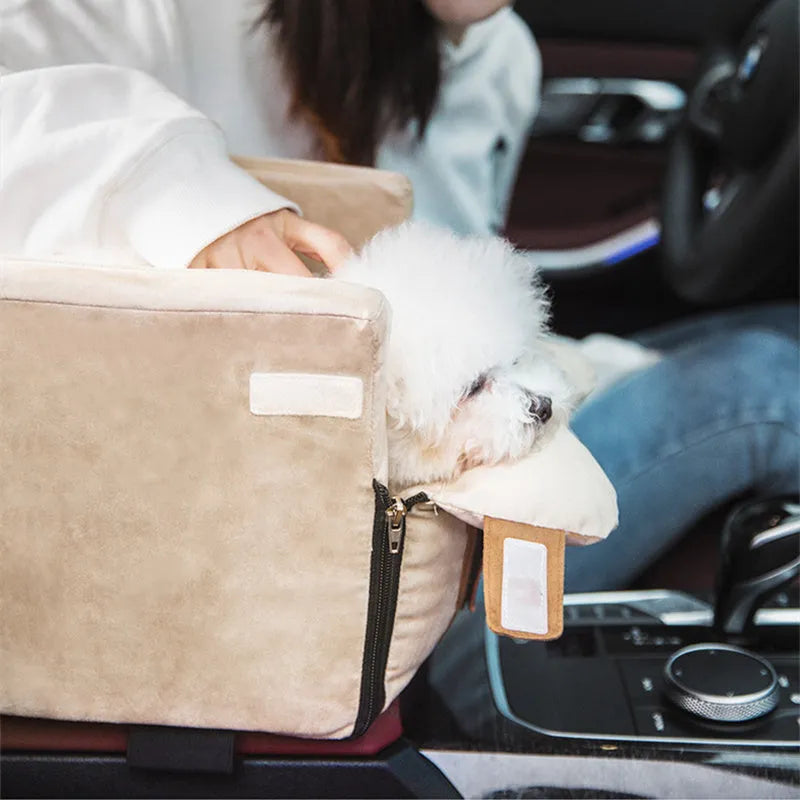 Car safety cat dog bed with adjustable pillow, safety hook, and elastic bands in beige cloth on car seat