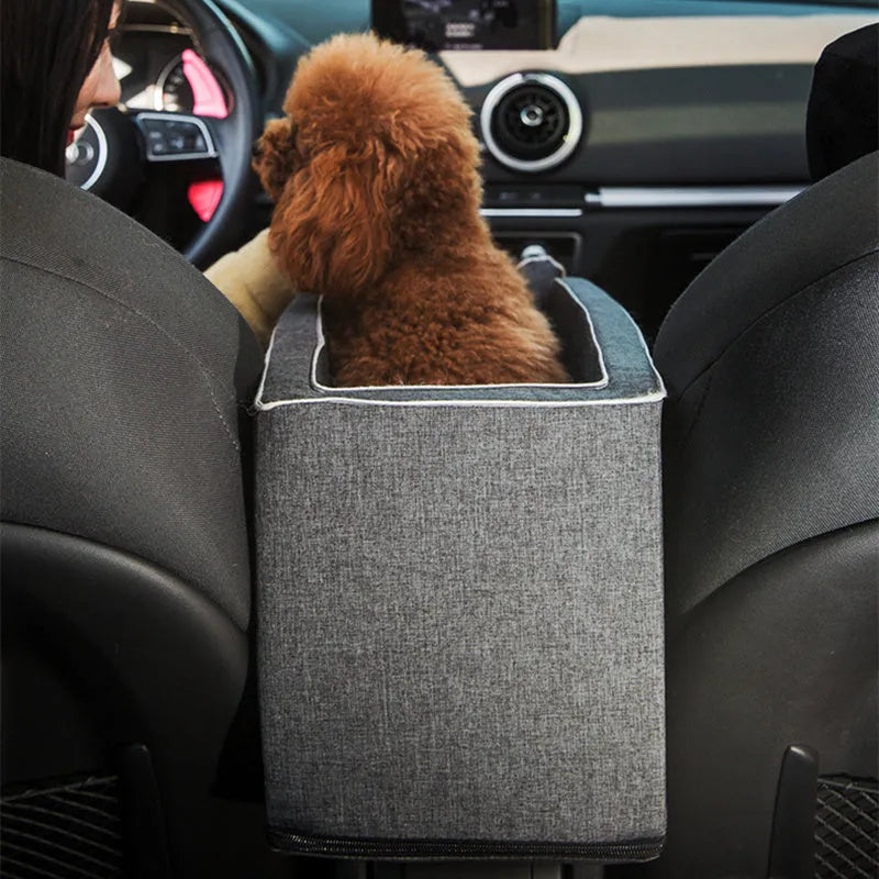 Car safety cat dog bed with adjustable pillow, safety hook, and elastic bands in beige cloth on car seat