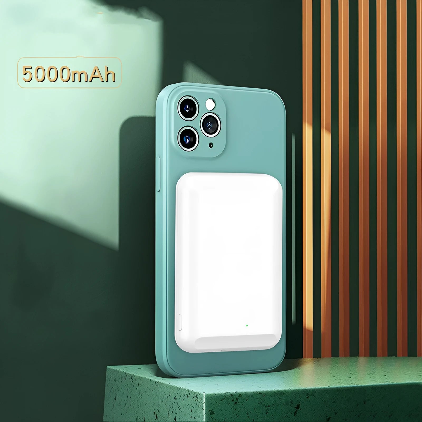 Magnetic wireless power bank in black, blue, green, pink or white, showing 5000mAh capacity.