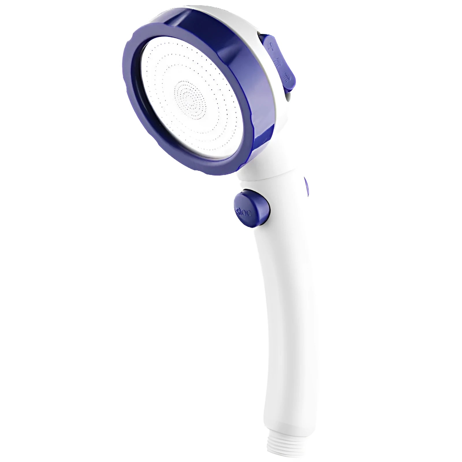 Blue and white ABS plastic handheld shower head with universal 4-point wall mount interface