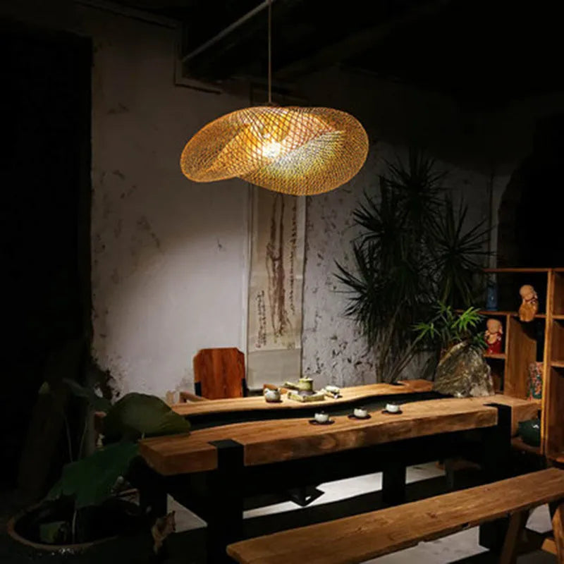Bamboo Chinese Zen chandelier with 40cm diameter shell for tea room lighting