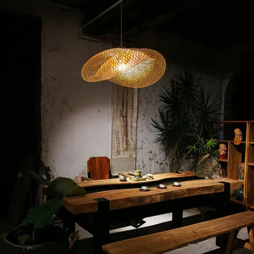 Bamboo Chinese Zen chandelier with 40cm diameter shell for tea room lighting