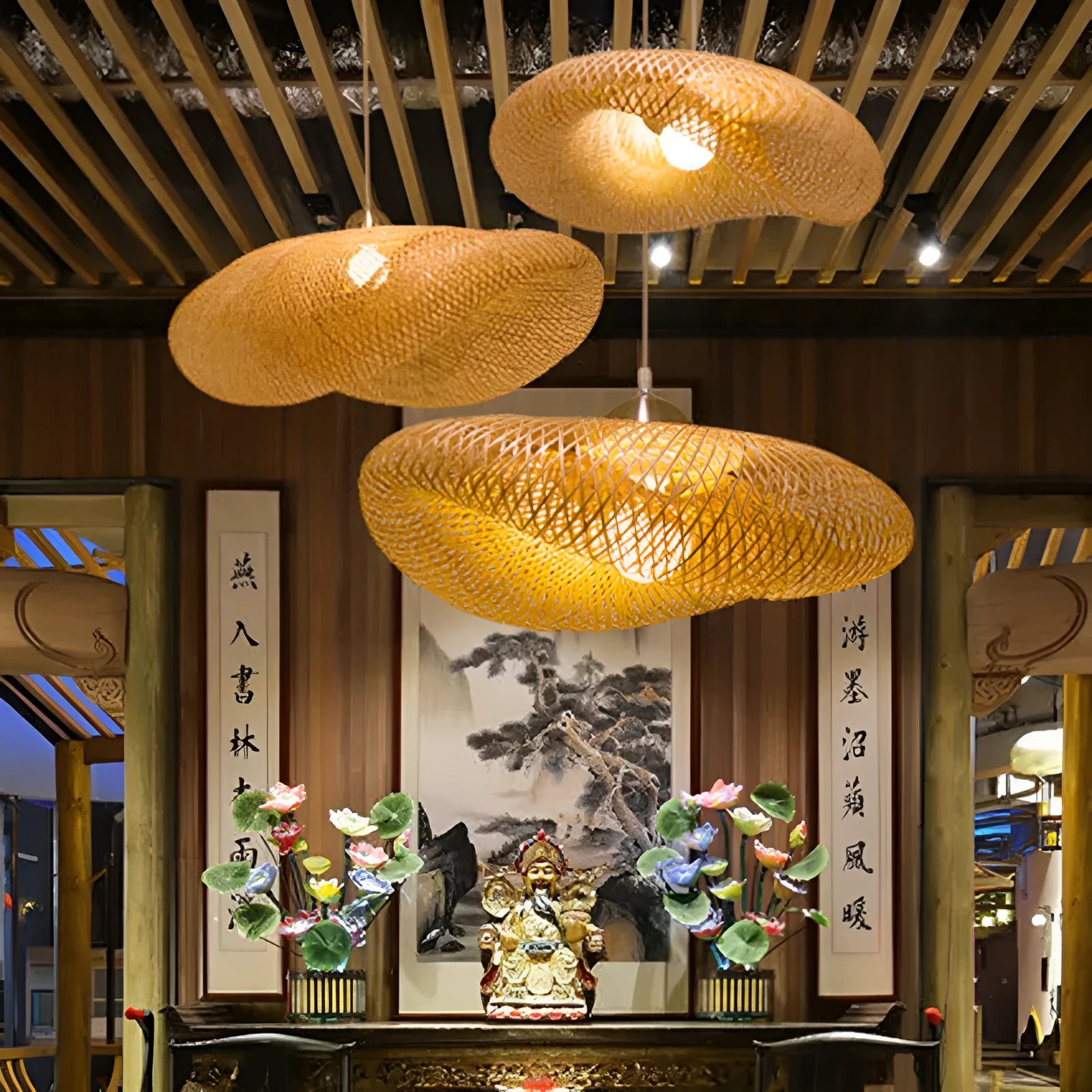 Bamboo Chinese Zen chandelier with 40cm diameter shell for tea room lighting