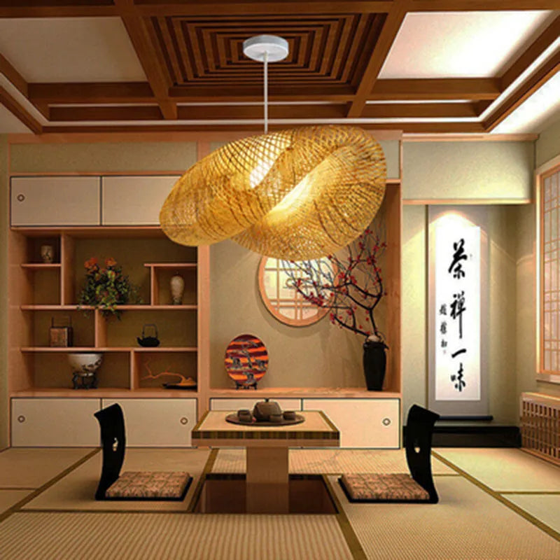 Bamboo Chinese Zen chandelier with 40cm diameter shell for tea room lighting