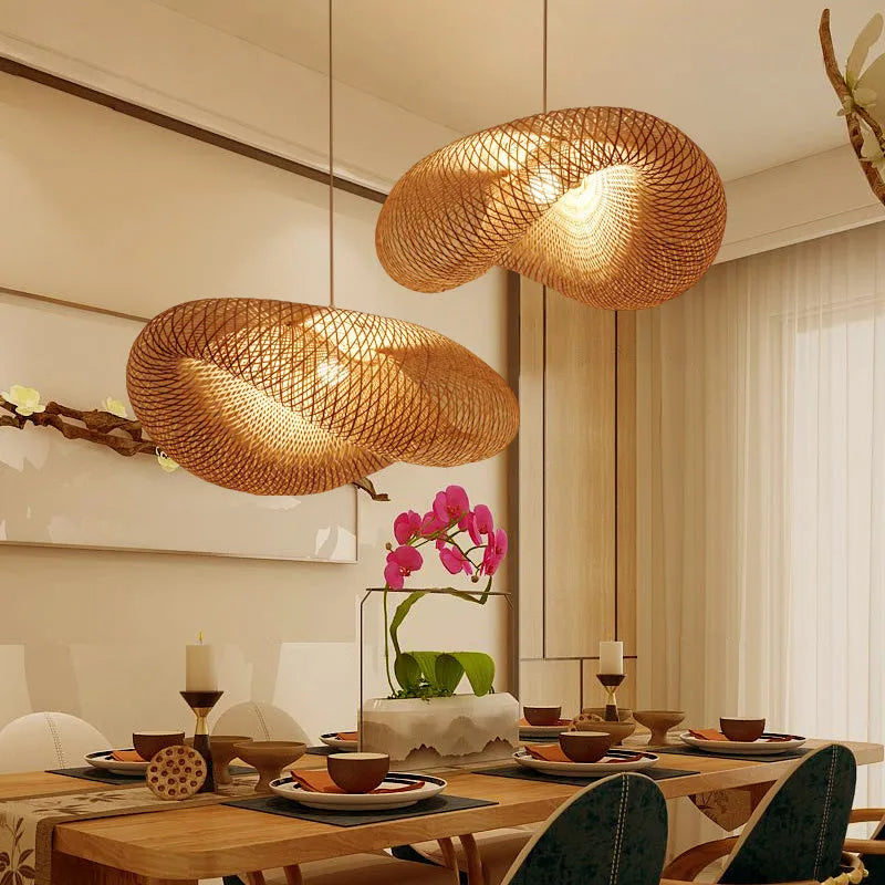 Bamboo Chinese Zen chandelier with 40cm diameter shell for tea room lighting
