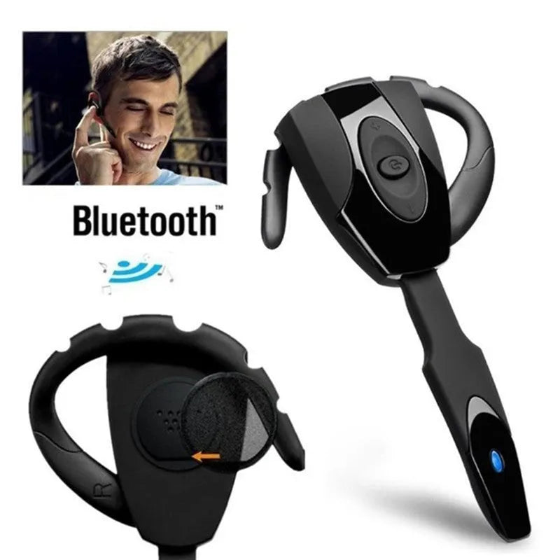 Single ear hanging Bluetooth headset in black, shown on a white background.