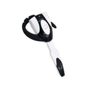 Single ear hanging Bluetooth headset in black, shown on a white background.