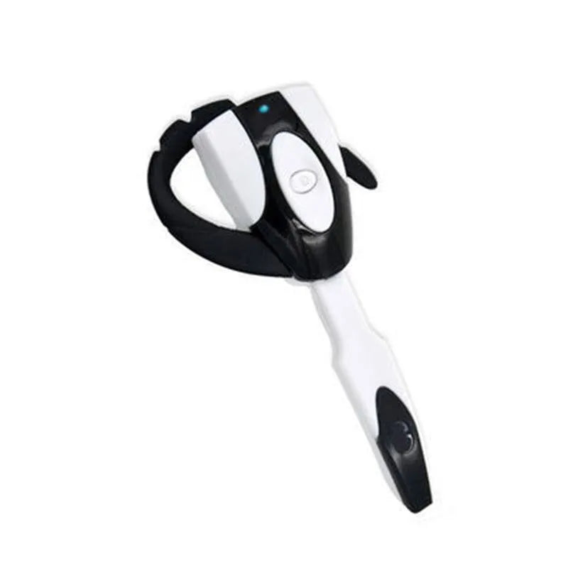 Single ear hanging Bluetooth headset in black, shown on a white background.