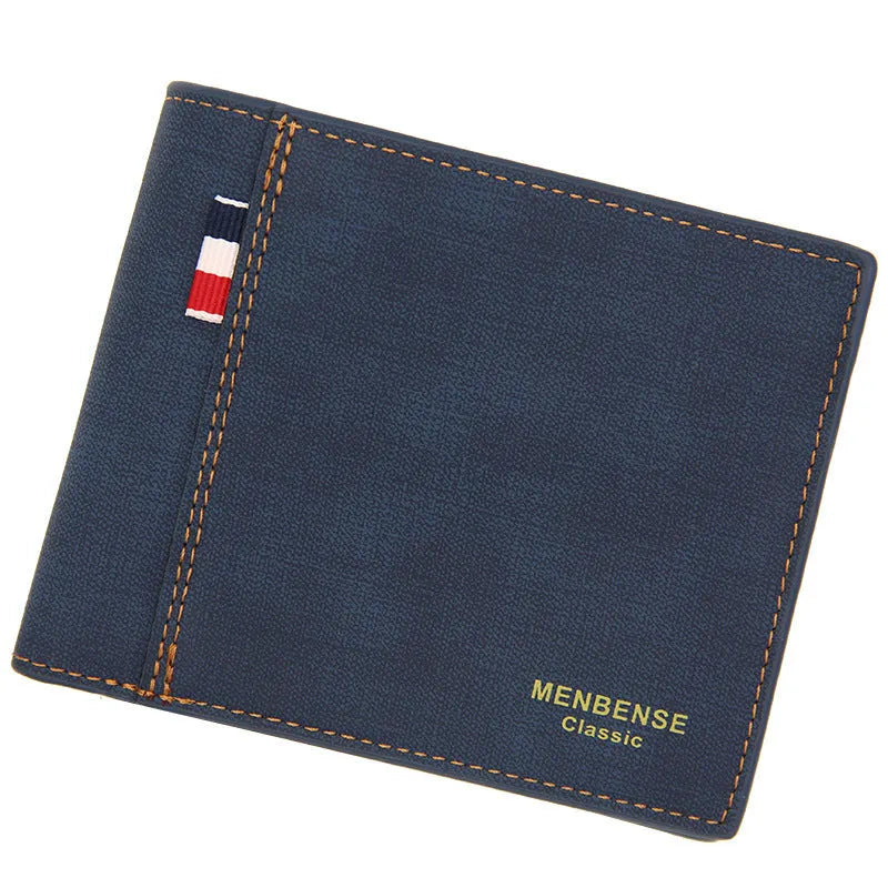 Men's genuine leather tri-fold wallet in black, showing folded design with card slots.