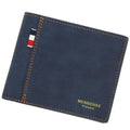 Men's genuine leather tri-fold wallet in black, showing folded design with card slots.