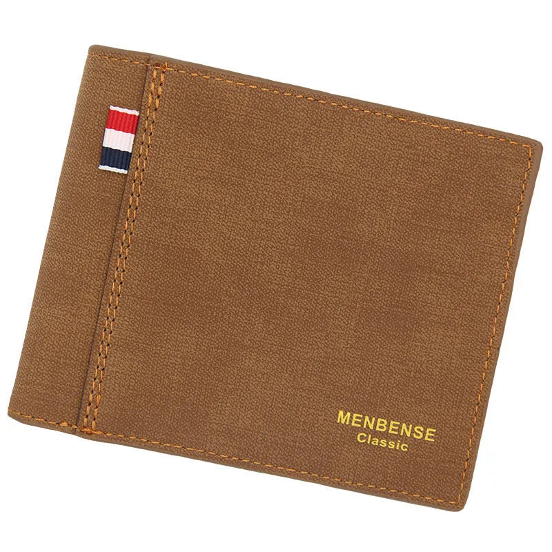 Men's genuine leather tri-fold wallet in black, showing folded design with card slots.