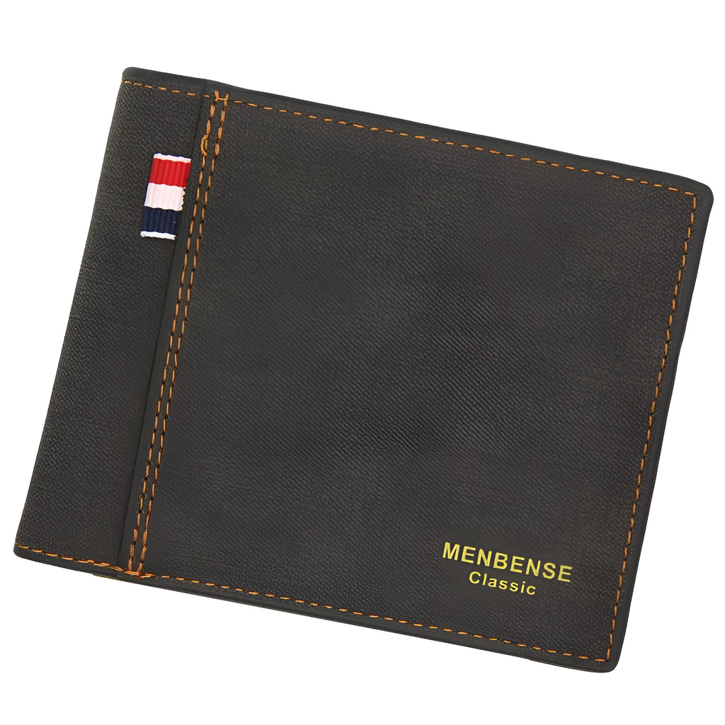 Men's genuine leather tri-fold wallet in black, showing folded design with card slots.