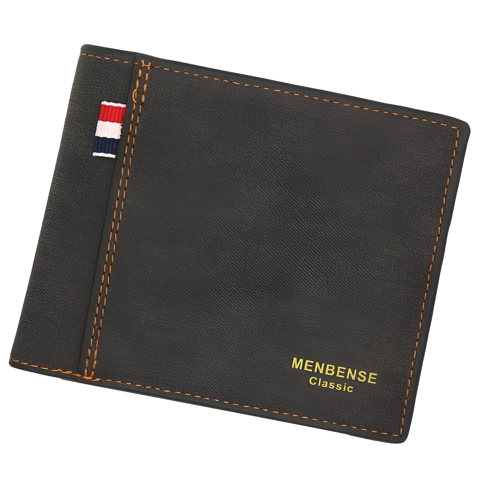 Men's genuine leather tri-fold wallet in black, showing folded design with card slots.