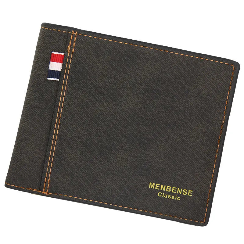 Men's genuine leather tri-fold wallet in black, showing folded design with card slots.