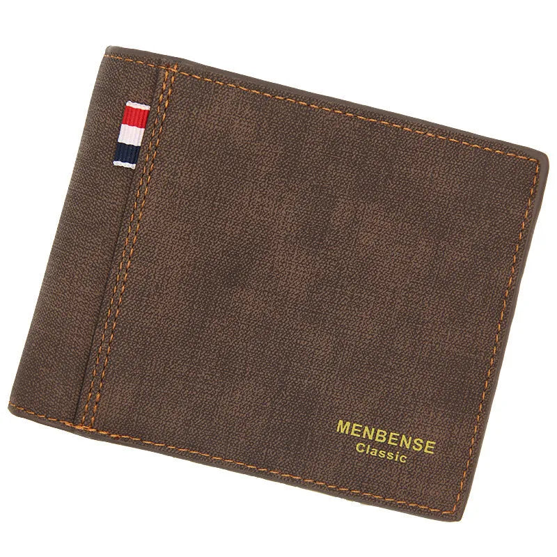 Men's genuine leather tri-fold wallet in black, showing folded design with card slots.