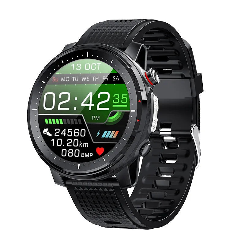 Black IP68 waterproof Android smart watch with round 1.3-inch touch screen and silicone strap