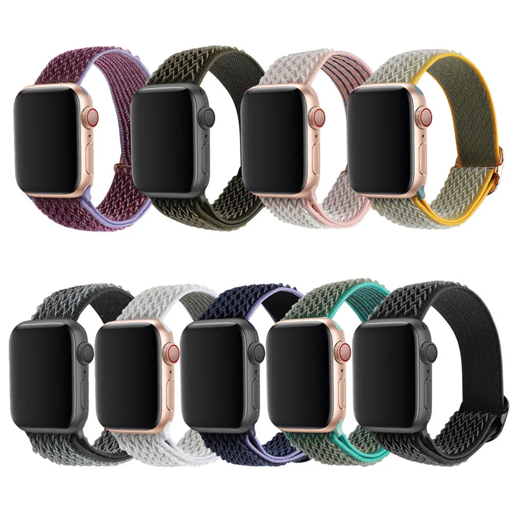 Braided nylon Apple Watch strap with wave pattern in multiple colours on a wrist