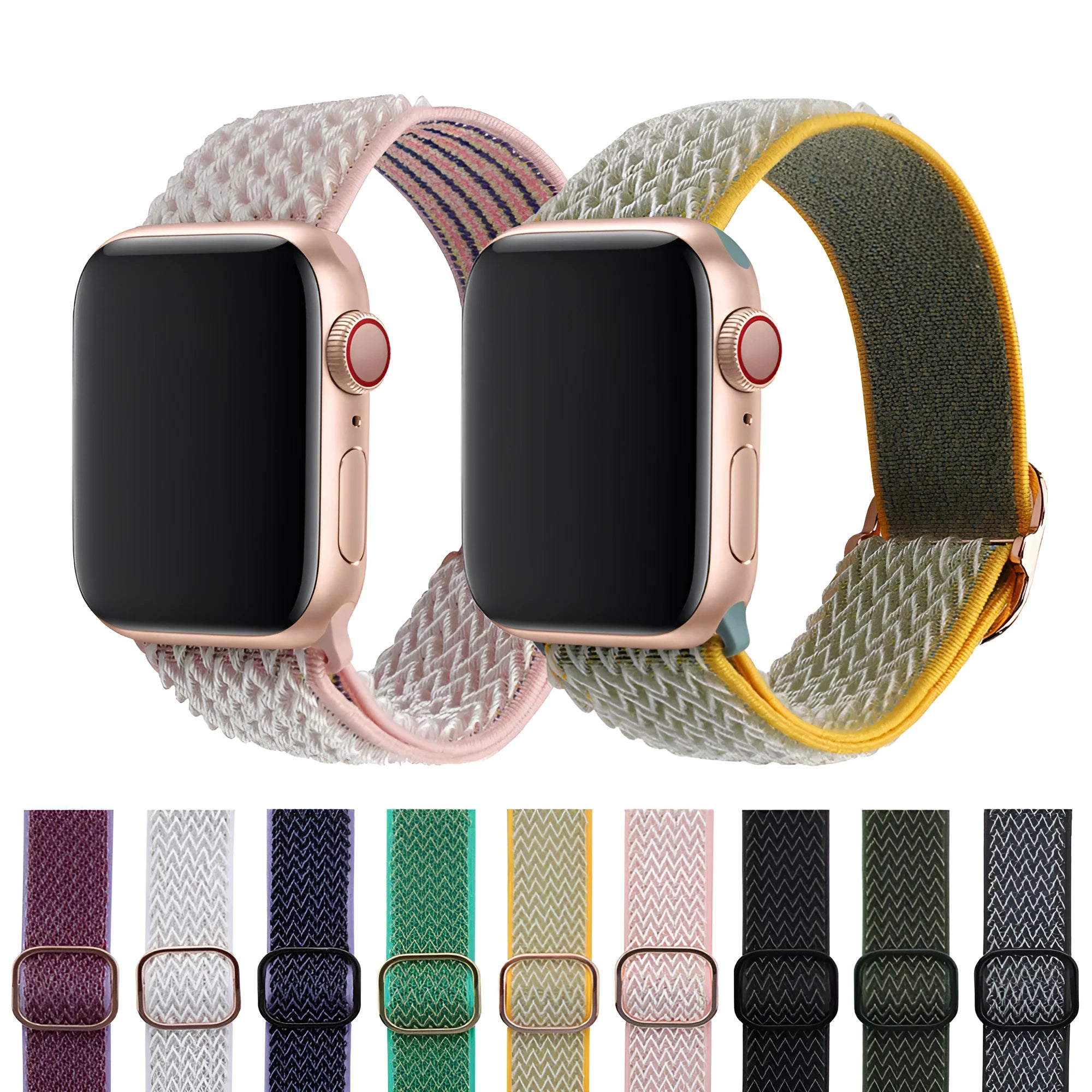 Braided nylon Apple Watch strap with wave pattern in multiple colours on a wrist
