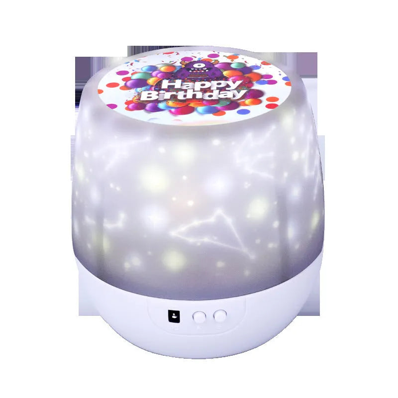 Starry sky projector lamp projecting constellation patterns on bedroom wall