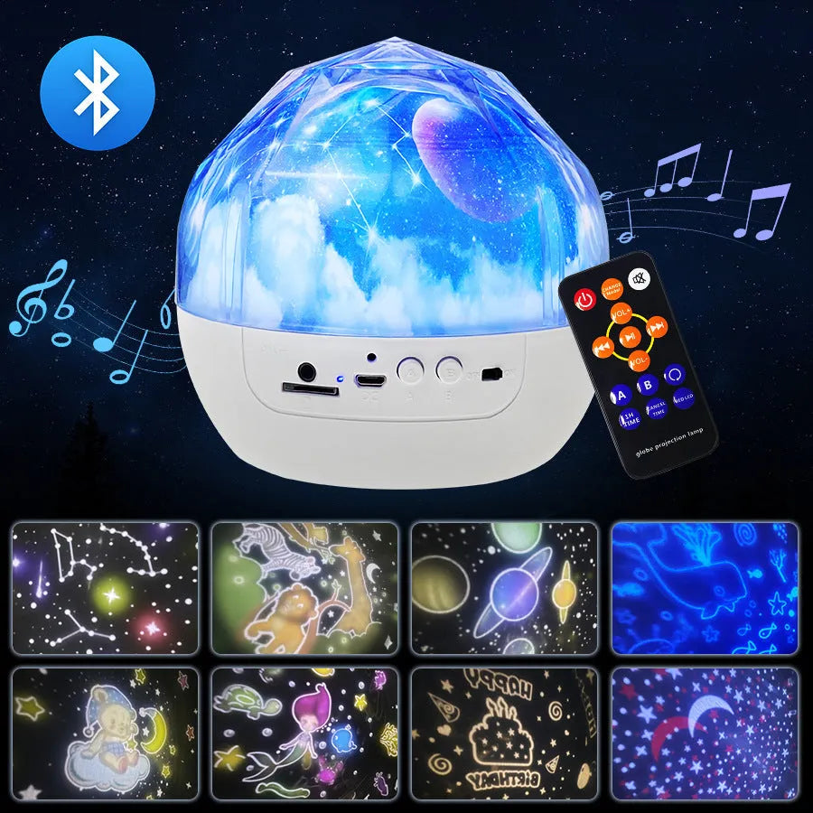 Starry sky projector lamp projecting constellation patterns on bedroom wall