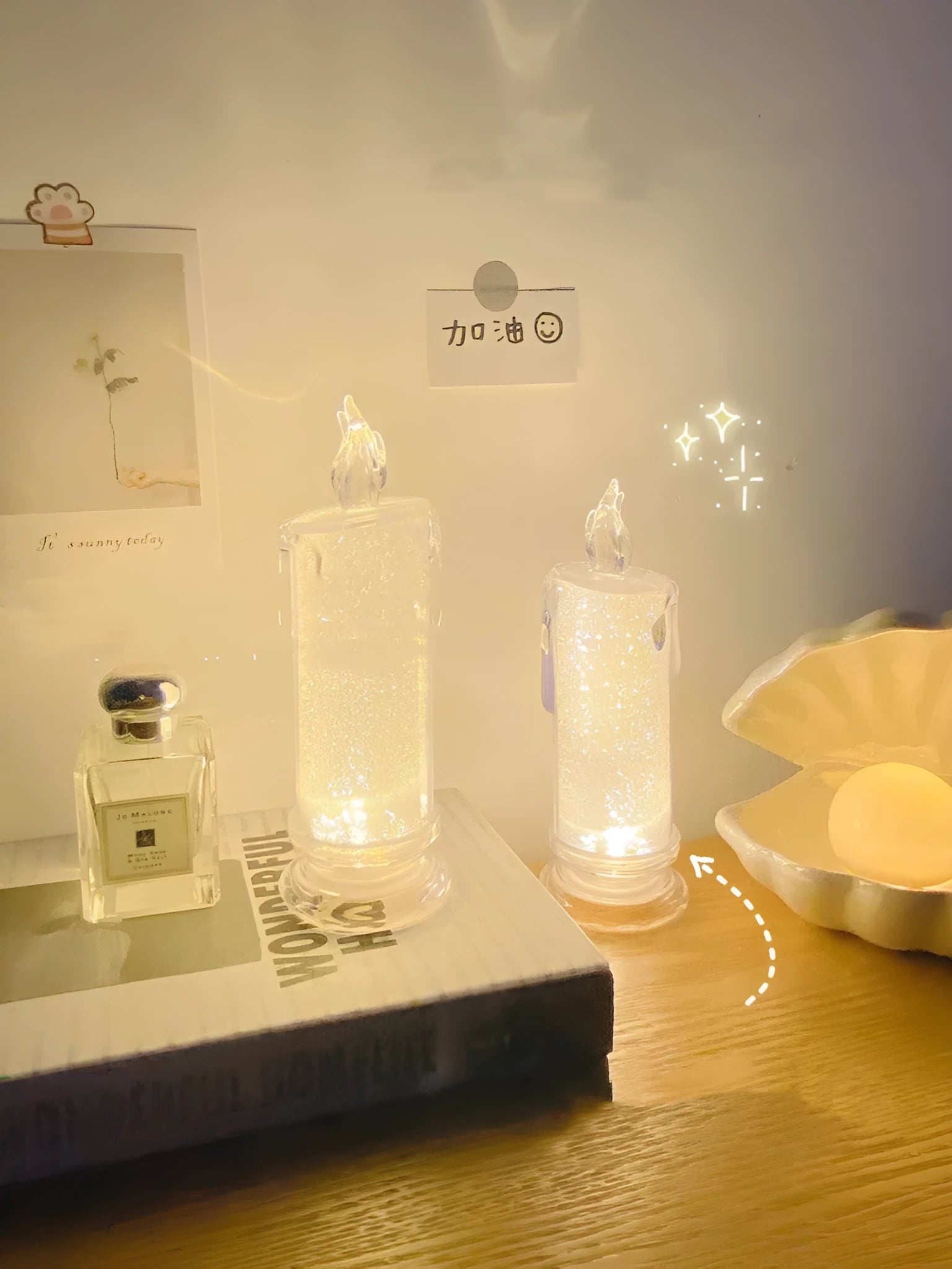 LED bedside lamp with optional message board design on a nightstand.
