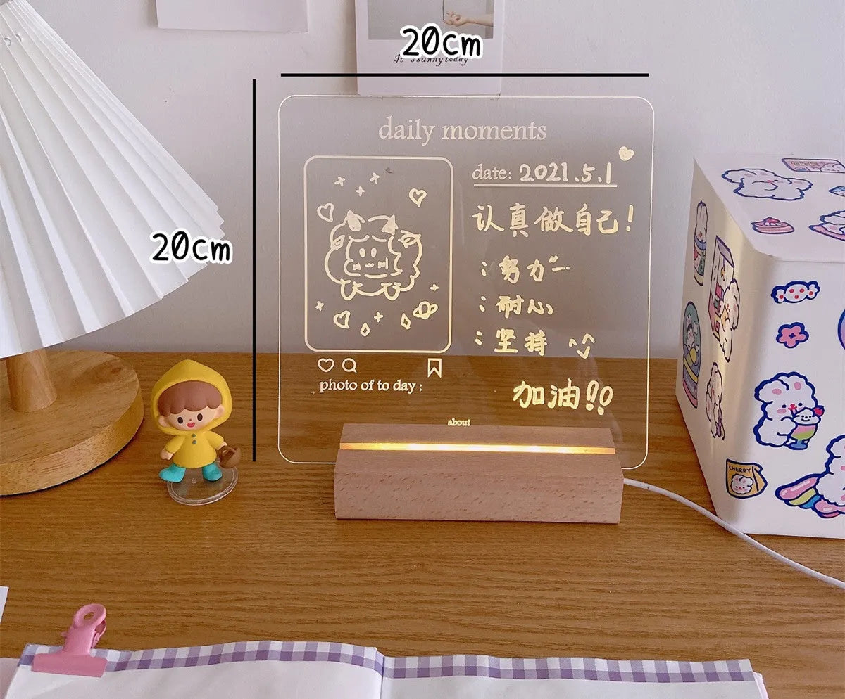 LED bedside lamp with optional message board design on a nightstand.
