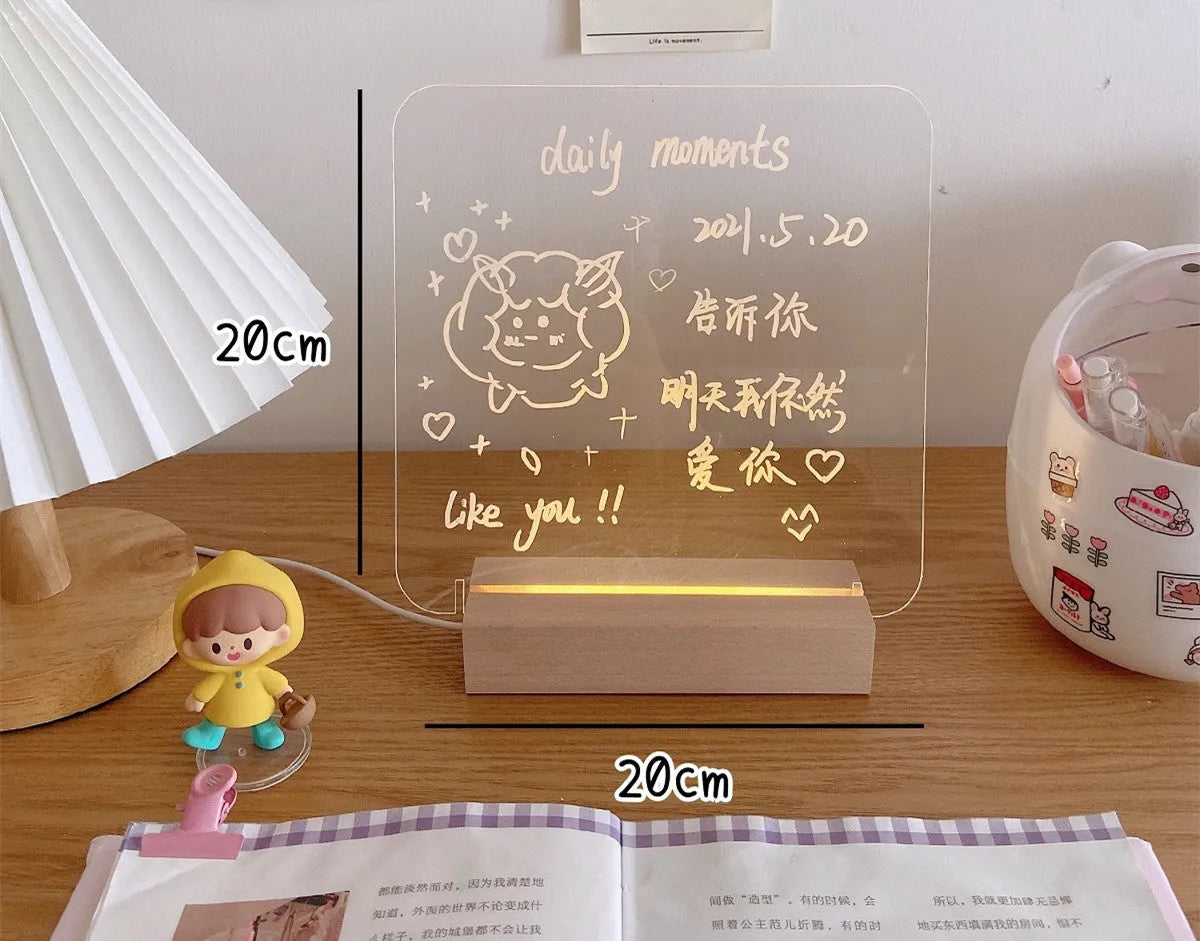 LED bedside lamp with optional message board design on a nightstand.