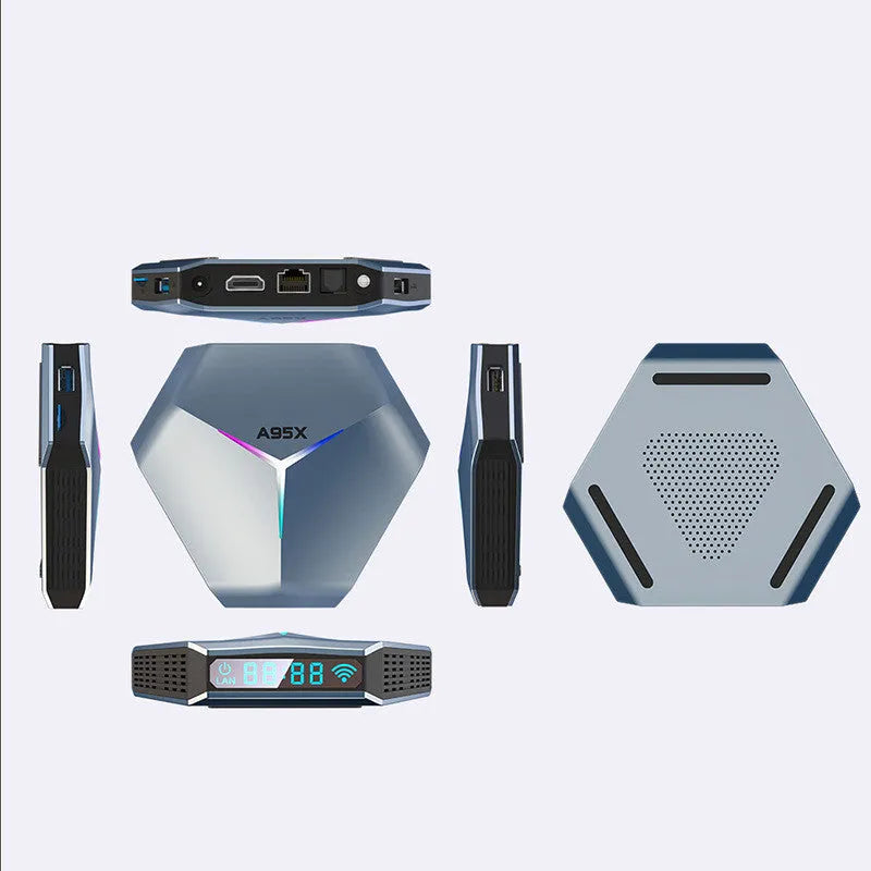 Android TV set-top box with remote control and cables for 8K media streaming