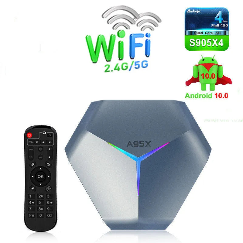 Android TV set-top box with remote control and cables for 8K media streaming
