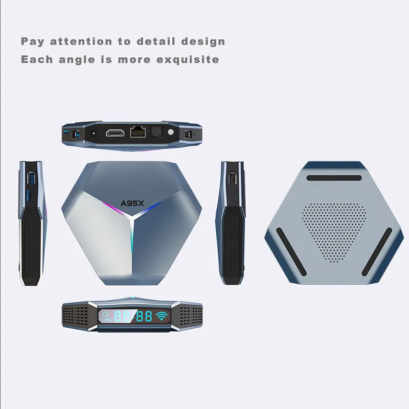 Android TV set-top box with remote control and cables for 8K media streaming