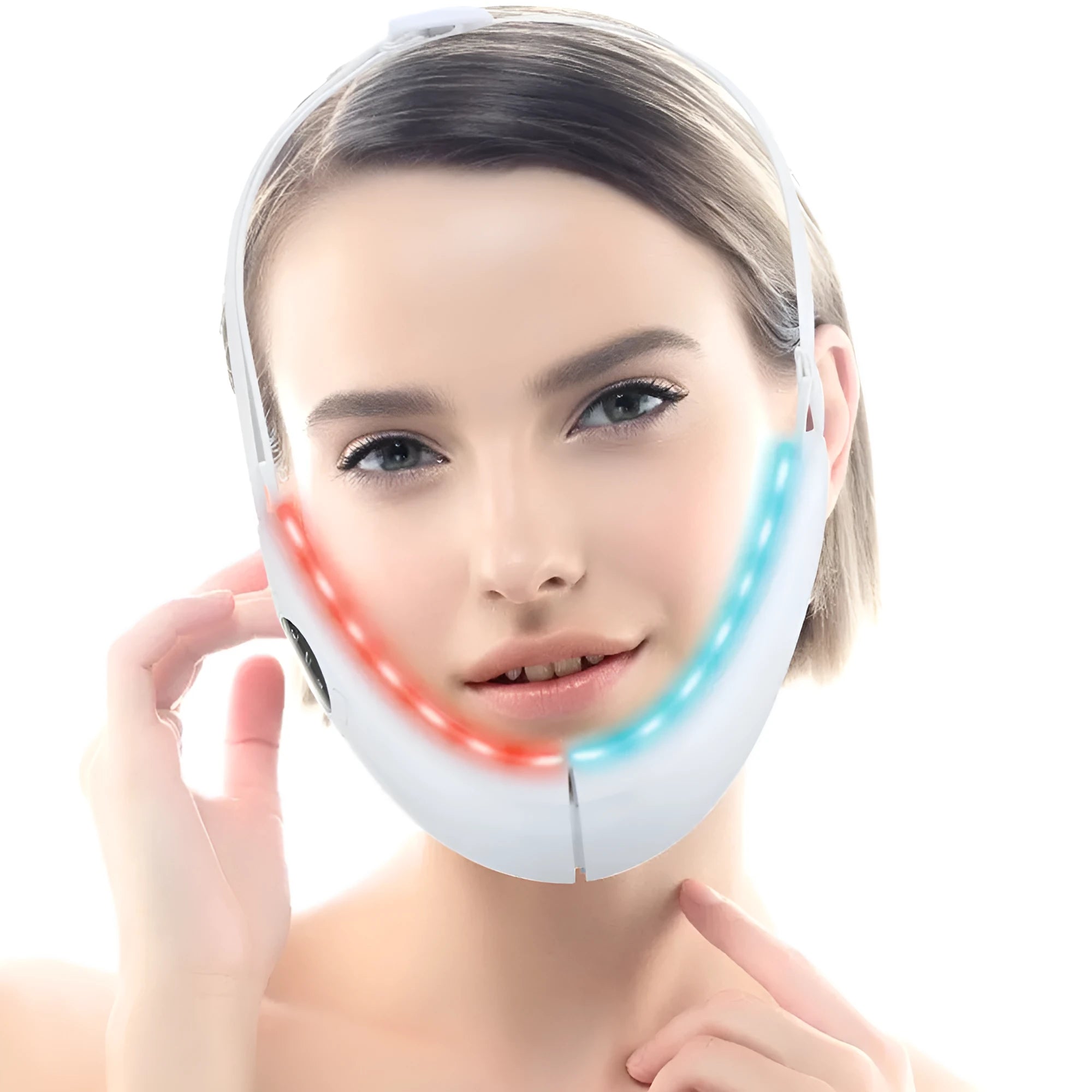 White ABS facial lifting device with red and blue light therapy panels and control buttons