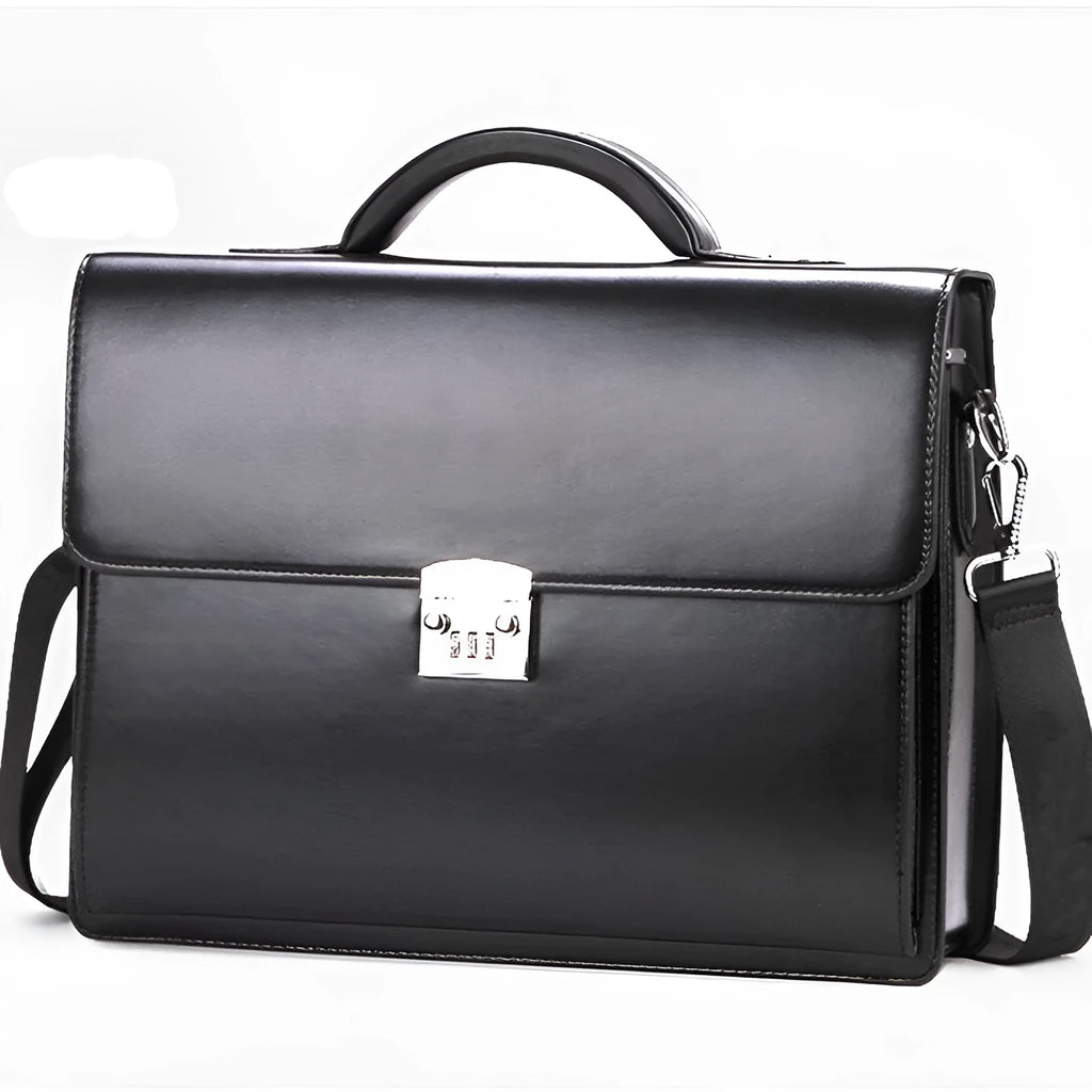 Black horizontal square men's business briefcase made of PU leather with a single strap.