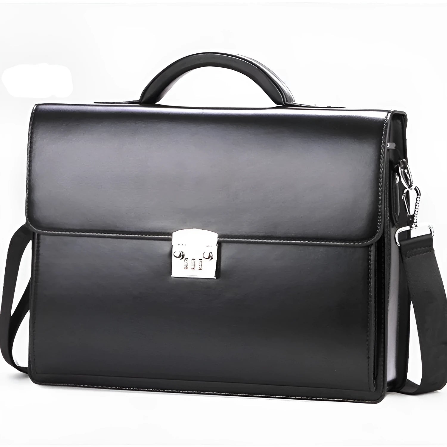 Black horizontal square men's business briefcase made of PU leather with a single strap.