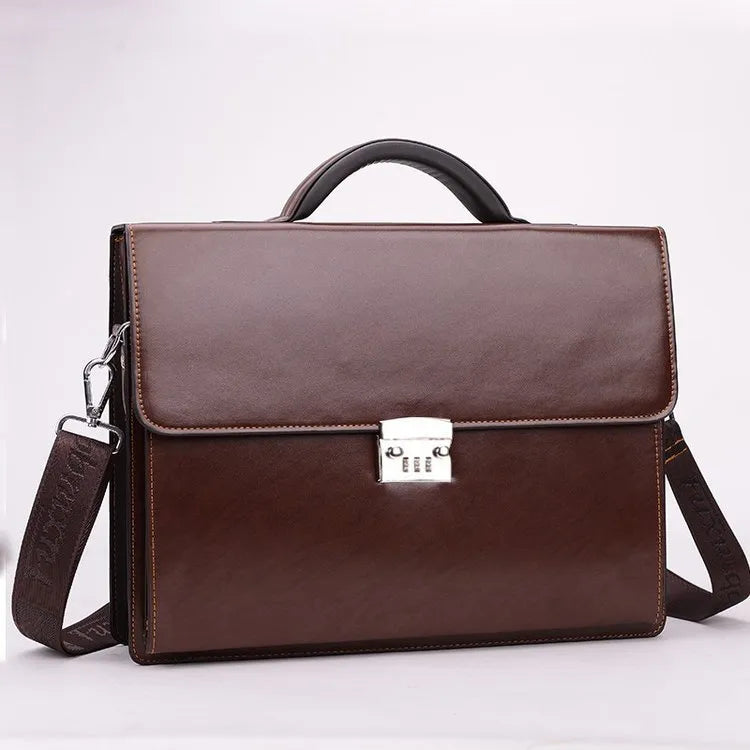 Black horizontal square men's business briefcase made of PU leather with a single strap.