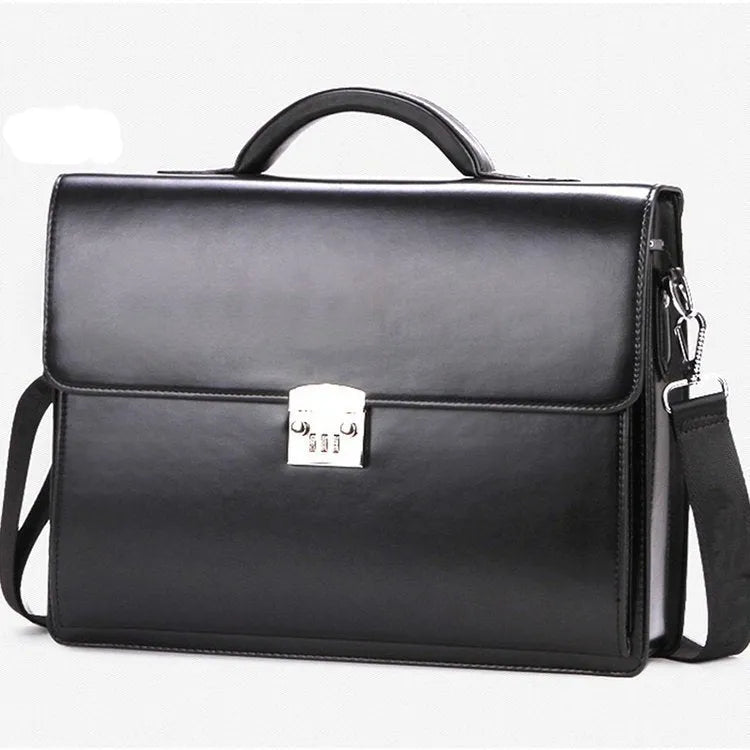 Black horizontal square men's business briefcase made of PU leather with a single strap.