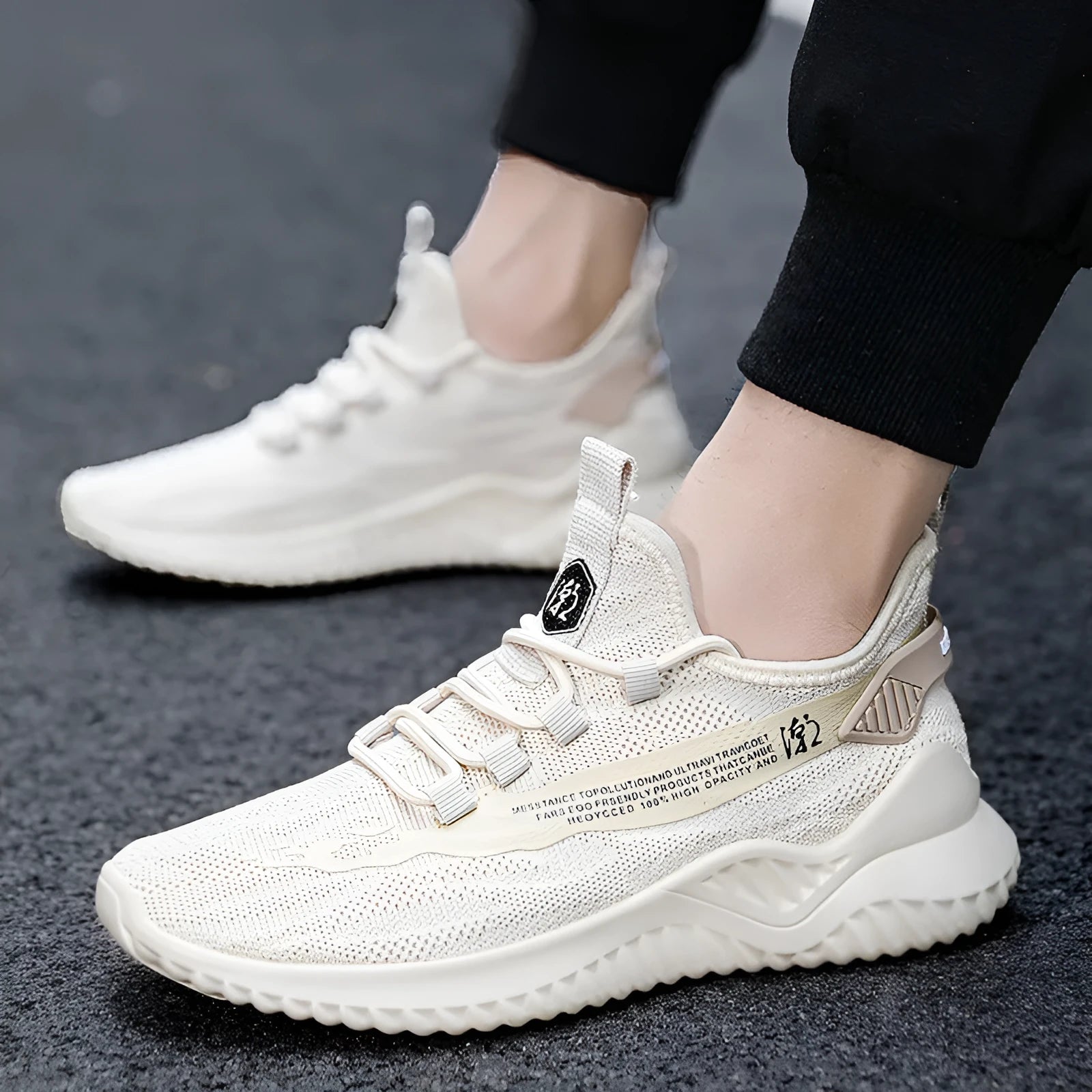 Men's white mesh sports shoes with rubber sole and round toe design