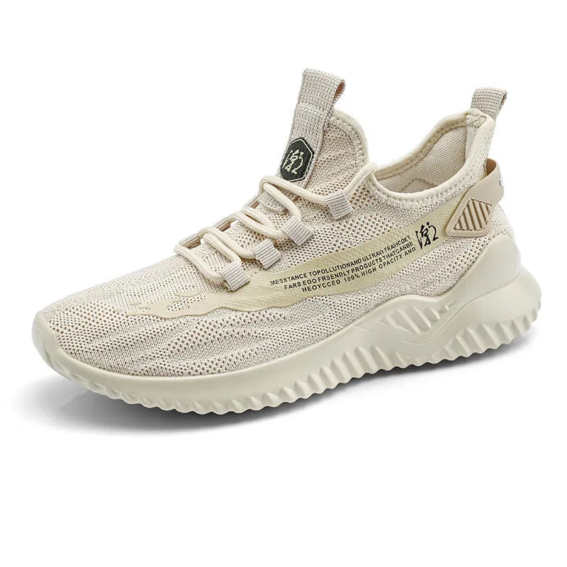 Men's white mesh sports shoes with rubber sole and round toe design
