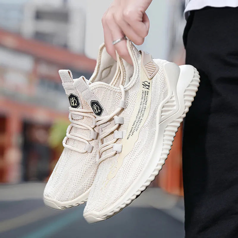 Men's white mesh sports shoes with rubber sole and round toe design