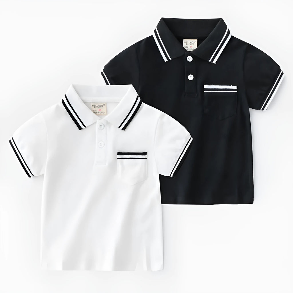 Boys' cotton polo shirt in white or black with round neck and short sleeves