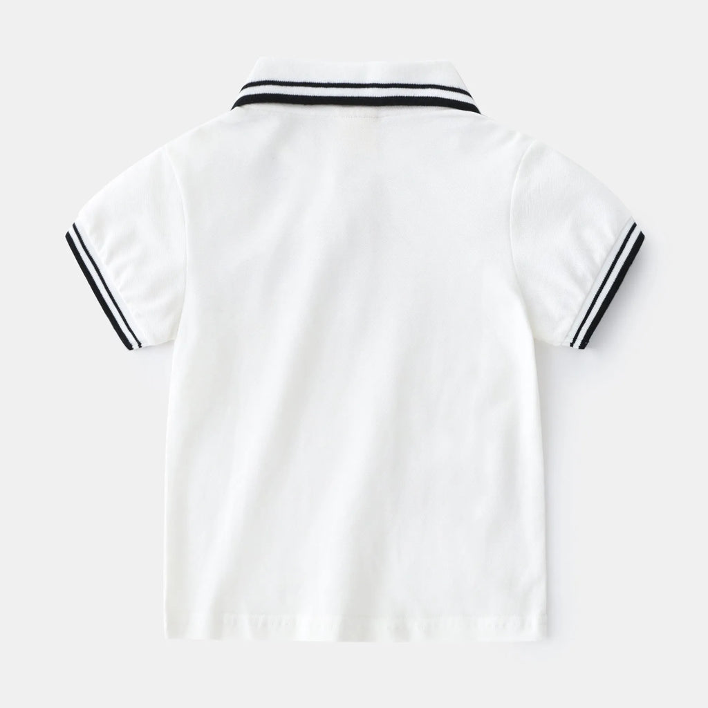 Boys' cotton polo shirt in white or black with round neck and short sleeves