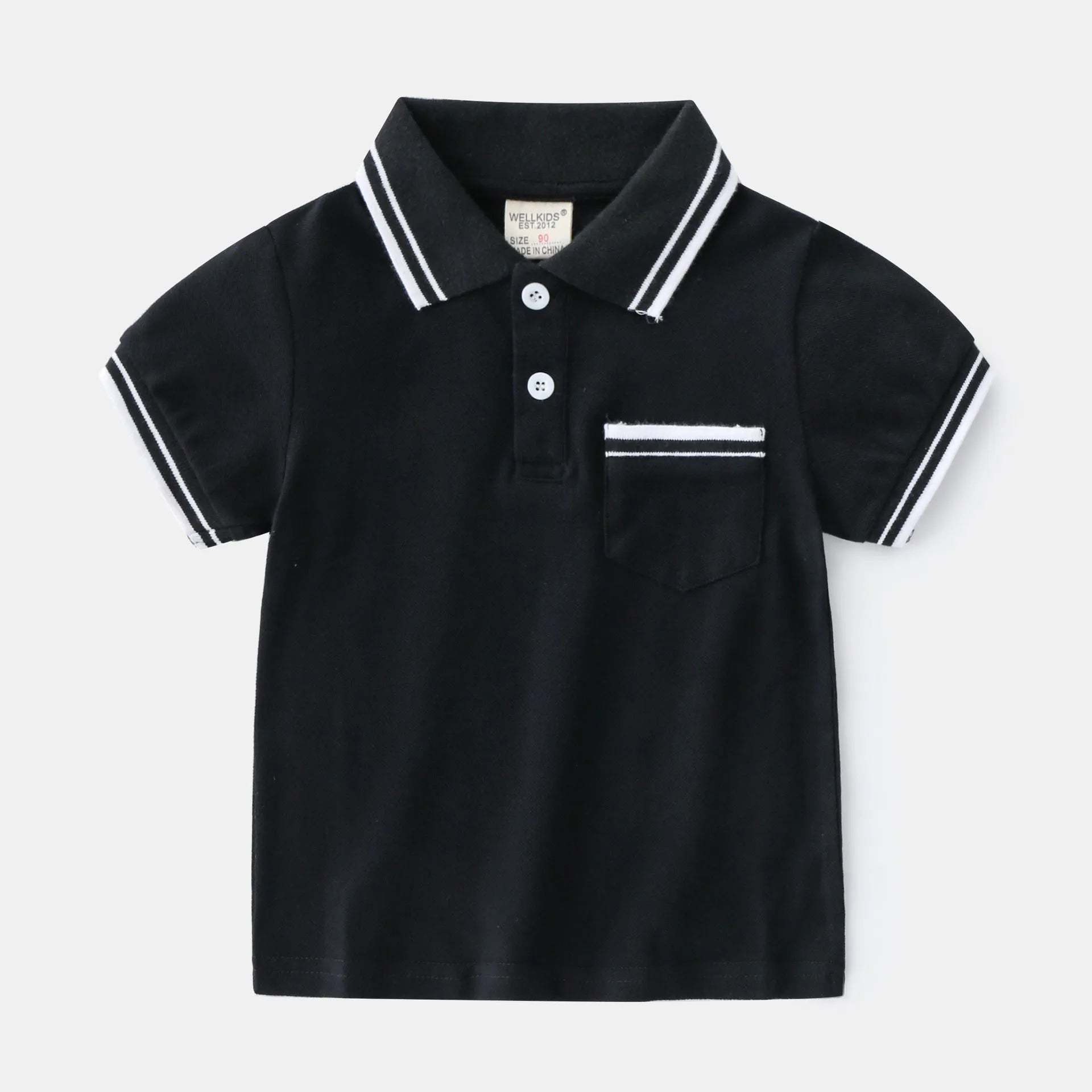 Boys' cotton polo shirt in white or black with round neck and short sleeves