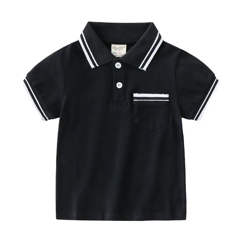 Boys' cotton polo shirt in white or black with round neck and short sleeves